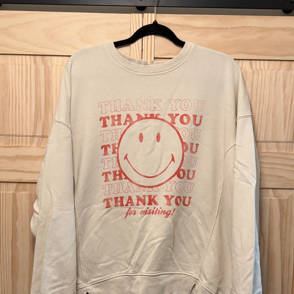 aerie Cream Crewneck Sweatshirt with Red Smiley Graphic